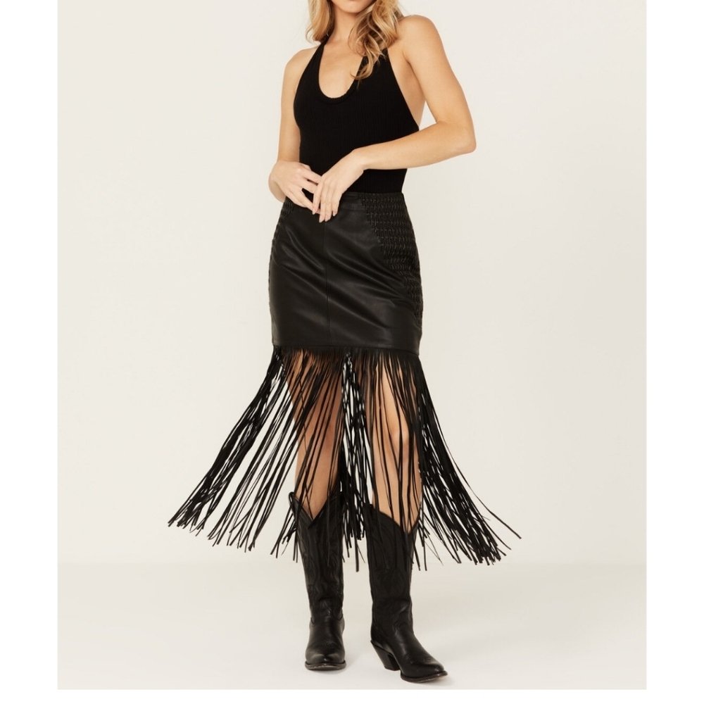 Wonderwest Women's Chain and Braid Fringe Leather Skirt